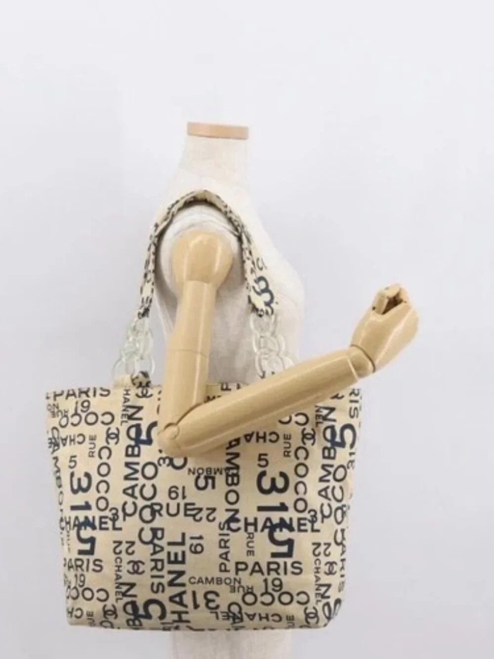 CHANEL By Sea Line Tote Bag Canvas Navy Beige CC Auth mr1854